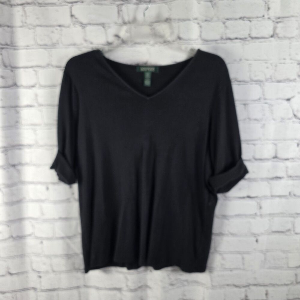 Lauren Ralph Women's Black 1X Top with Cuffed Sleeves